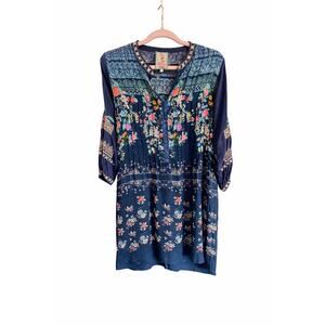 JOHNNY WAS Embroidered Navy Blue Floral Tunic Dress Sz S Boho Bohemian Rayon Top